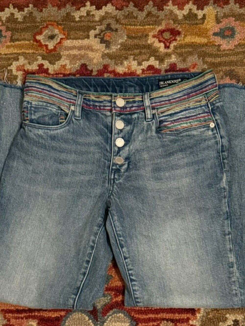 BLANK NYC Size 27, Distressed Cropped Jean with Colorful Stitching Detail